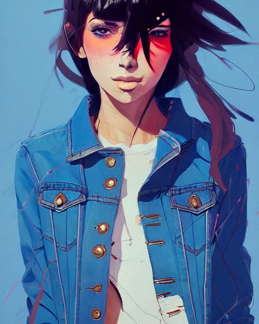 Prompt: a ultradetailed beautiful painting of a stylish woman in a denim jacket and shorts, by conrad roset, greg rutkowski and makoto shinkai trending on artstation