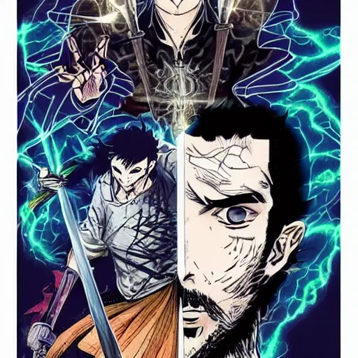 Prompt: pen and ink!!!! attractive 22 year old deus ex!! Black Clover Frank Zappa x Ryan Gosling golden!!!! Vagabond!!!! floating magic swordsman!!!! glides through a beautiful!!!!!!! battlefield magic the gathering dramatic esoteric!!!!!! pen and ink!!!!! illustrated in high detail!!!!!!!! by Hiroya Oku!!!!!!!!! Written by Ridley Scott graphic novel published on Cartoon Network MTG!!! 2049 award winning!!!! full body portrait!!!!! action exposition manga panel