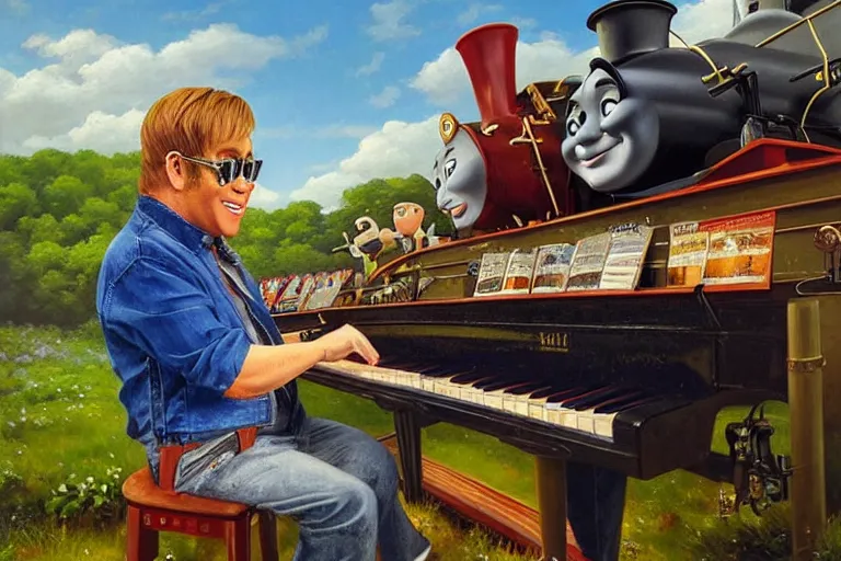 Image similar to elton john playing a piano on top of thomas the tank engine, an oil painting by ross tran and thomas kincade