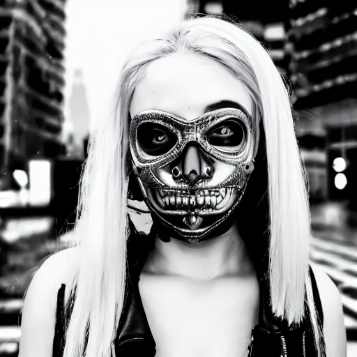 Image similar to very cool girl brilliant silver hair girl with a skull shaped ballistic face mask streetwear techwear cyberpunk style outfit full body nose piercing detailed portrait intricate comp