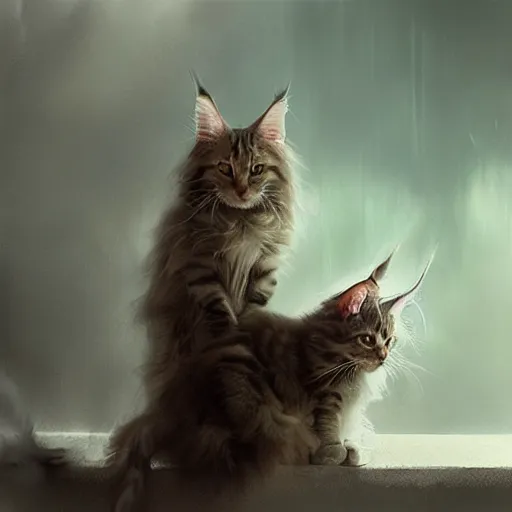 Prompt: maine coon kitty by Ruan Jia, fantasy, hazy, atmospheric, inspiring