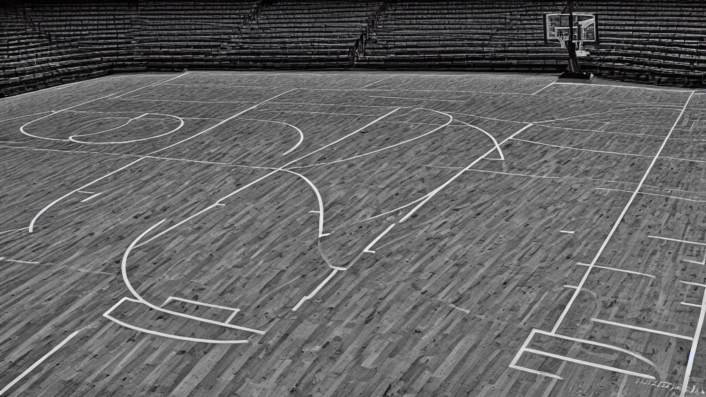 Image similar to a photograph the basketball court at the united center, in the styles of cameron look, andrew bernstein, and ansel adams. intricate, hyperrealistic, monochrome hdr, accurate court