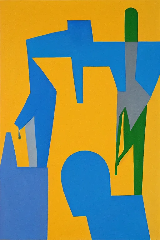 Image similar to neo cubistic painting of two tall figures, sandy yellow and some light blue, muted colors