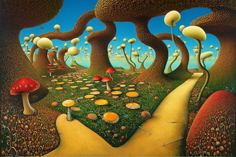 Image similar to the path less taken with mushrooms by jacek yerka, roger dean and salvadore dali