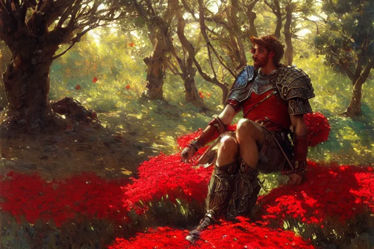 Image similar to winter, a tired male warrior wearing armor relaxing under a huge tree with red flowers, long shot, fantasy, painting by gaston bussiere, craig mullins, j. c. leyendecker, trending on artstation