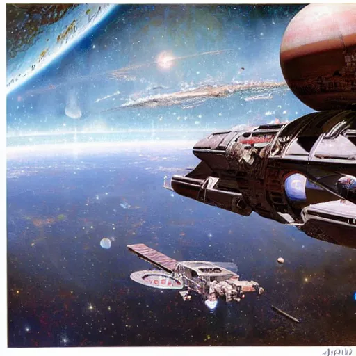 Prompt: distant view of abandoned beautiful space station floating in empty space, john berkey