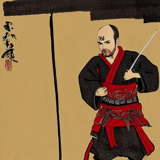 Image similar to jesse pinkman from breaking bad wearing samurai armor and holding a katana in feudal japan, 4 k, hyper realistic, ink block painting, edo period