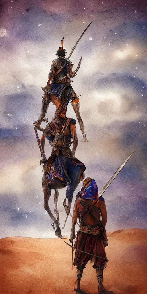 Image similar to an arab person with swords on his back standing in the desert with sky with stars in watercolor, cinematic, highly detailed wide, atmospheric lighting, muted colors