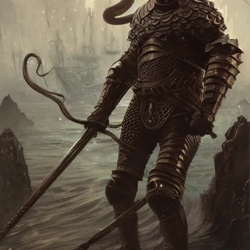 Image similar to knight in heavy armor deep in dark water, tentacles surrounding him, pearl armor, fantasy, highly detailed, digital painting, trending on artstation, concept art, sharp focus, illustration, art by alphonse mucha and artgerm and nixeu and greg rutkowski and magali villeneuve