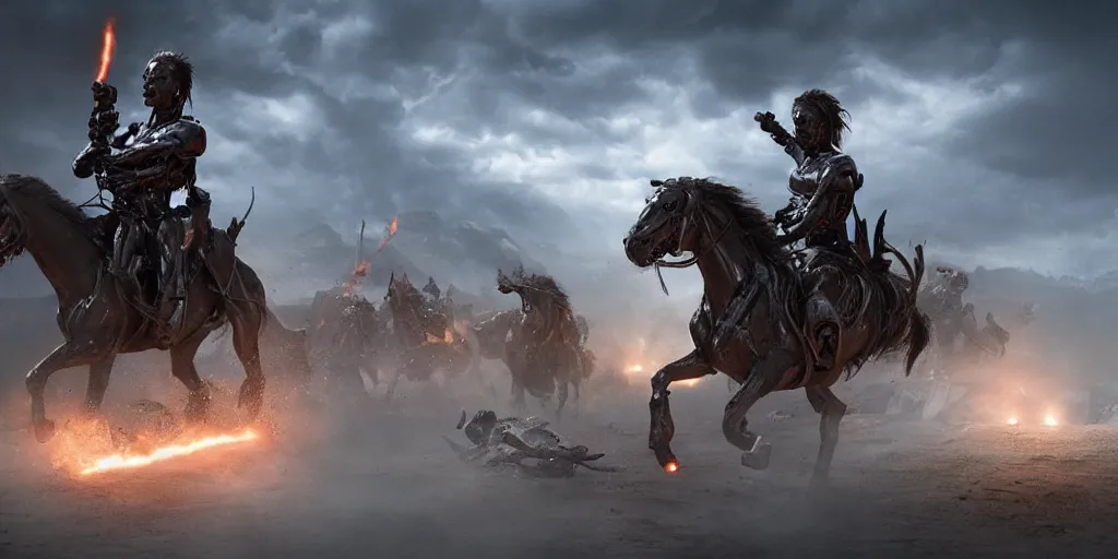 Image similar to a promotional movie still from terminator ( t 2 ) depicting the battle of the little bighorn. majestic horses, action scene, an epic fantasy, dramatic lighting, cinematic, extremely high detail, photorealistic, cinematic lighting, maxwell boas jessica rossier christian dimitrov anton fadeev trending on artstation cgsociety rendered in unreal engine 4 k hq