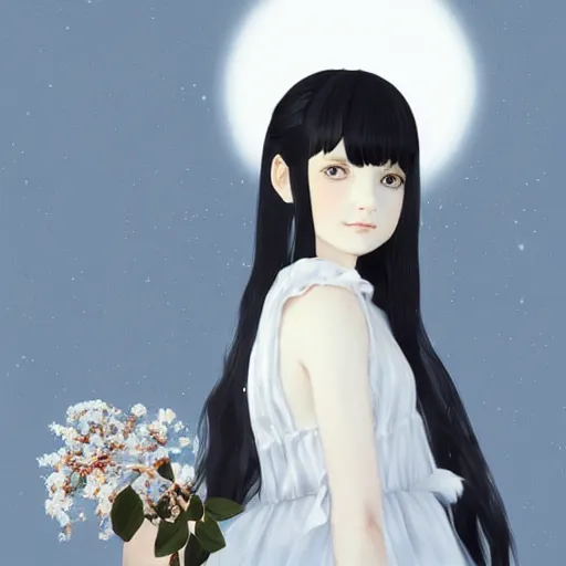 Prompt: little girl with long black hair dressed in a simple white dress and e wearing an wreath of flowers, anime art style, digital artwork made by ilya kuvshinov, inspired in balthus