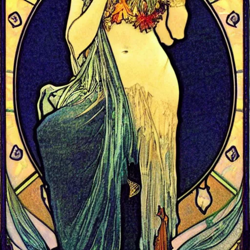 Prompt: florence welch portrait by louis - theophile hingre and alphonse mucha, realistic, sharp focus, zodiac signs, tarot cards, planets, ethereal, art nouveau, magic, moon, sun, crown, dreamy, royal, jewellery