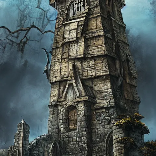 Prompt: an archaic tower looming over a grove of ancient trees, in the style of ayami kojima, thick mist, cracked walls, realistic digital painting, realistic colors, medieval fantasy, very detailed