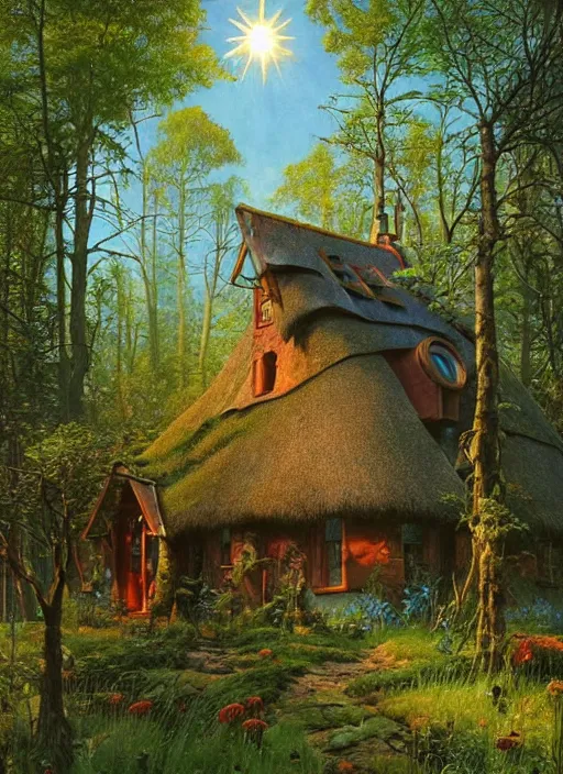 Image similar to hyper realistic witch cottage with solar panels with happy lighting and technology in the woods gorgeous lighting, sunbeams blue sky, lush forest foliage painting by zdzisław beksinski and norman rockwell and greg rutkowski weta studio, and lucasfilm