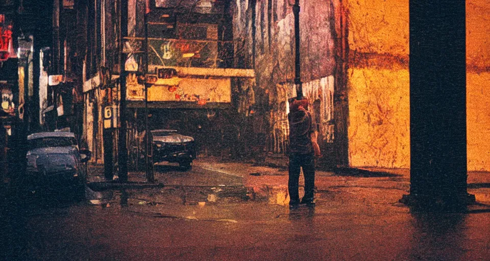 Prompt: man screaming in frustration in the front seat of his car that is parked in a city alleyway, night time, illuminated by street lights, technicolor, lomography cn 8 0 0, grainy abstract experimental expired film photo by saul leiter, cinematic colors, oversaturated filter, reflection, refraction, atmospheric detail