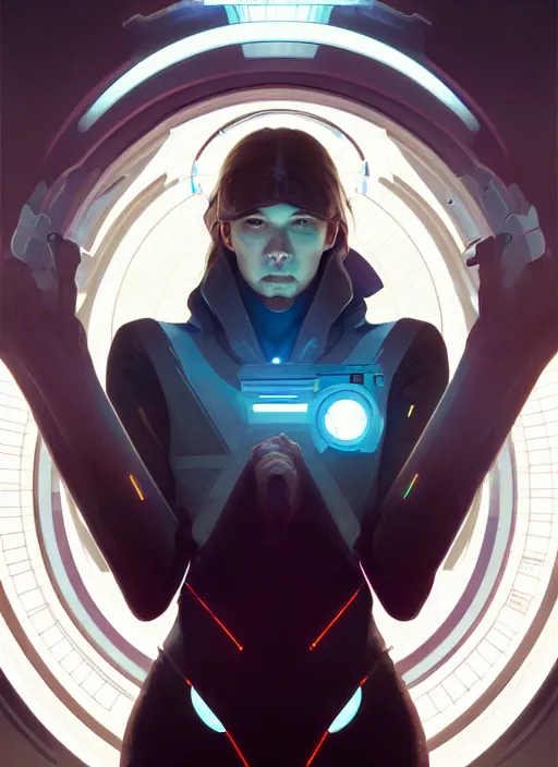 Image similar to symmetry!! portrait of scientist, tech wear, scifi, glowing lights!! intricate elegant, highly detailed, digital painting, artstation, concept art, smooth, sharp focus, illustration, art by artgerm and greg rutkowski and alphonse mucha