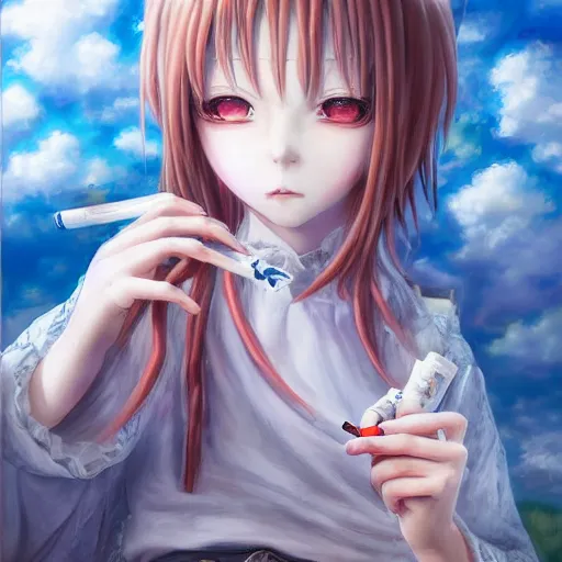Image similar to big eyed shoggoth anime-girl smoking a cigarette hyperreality painting by amano yoshitaka, lilia alvarado 8k hd hyperdetailed