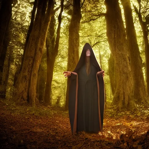 Prompt: portrait of cloaked mage, in a forest, long brown hair, woman, fashion pose, baroque renaissance. photo by philip - daniel ducasse and yasuhiro wakabayashi and jody rogac, telephoto, intricate, elegant, global illumination. vfx