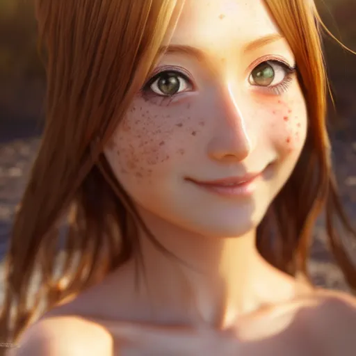 Image similar to Render of a beautiful 3d anime girl, long hair, hazel eyes, cute freckles, full round face, short smile, cute sundress, golden hour, serene beach setting, medium shot, mid-shot, highly detailed, trending on Artstation, Unreal Engine 4k