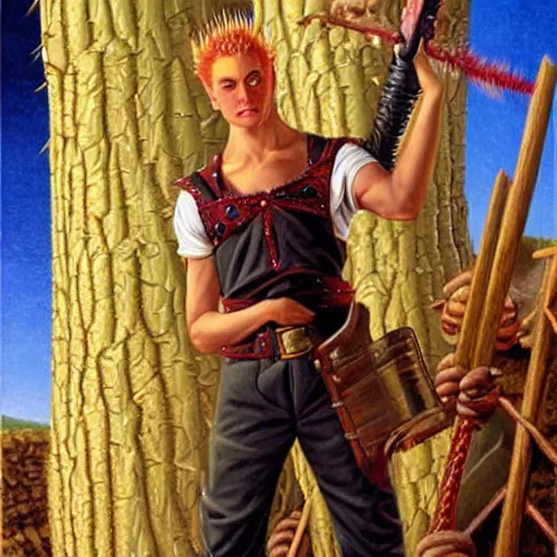 Prompt: an elf with spiky blonde hair wearing dark brown overalls and holding dynamite. painting by Gerald Brom