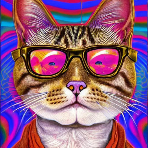 Prompt: portrait of a cat in the movie fear and loathing in las vegas, extremely detailed, psychedelic, trippy, digital painting, centered, vertical symmetry, trending, artstation