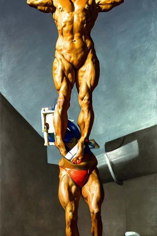 Image similar to bodybuilder in an astronaut helmet lifts a statue of a horse, highly detailed painting by francis bacon, edward hopper, adrian ghenie, gerhard richter, and james jean soft light 4 k,