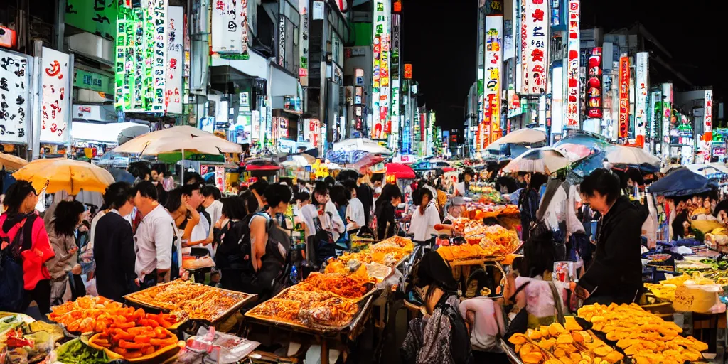 Prompt: tokyo night market with food stalls and vegetable stands, raining, photography