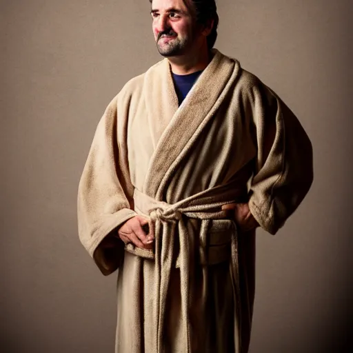 Prompt: richard iv the roman king, excited real human wearing beige bathrobe, soft studio lighting, sigma lens photo, he is dancing