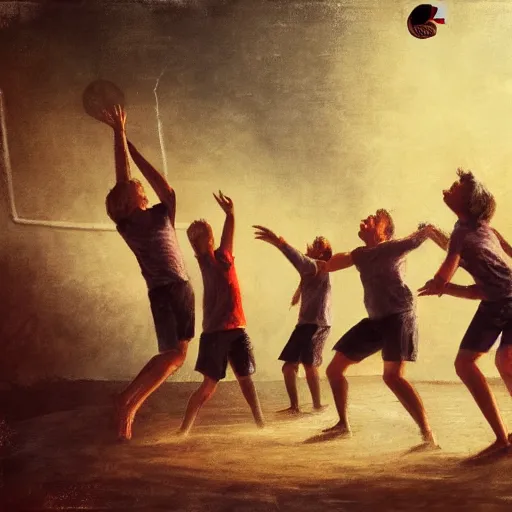 Prompt: bunch of students playing volleyball. beautiful oil painting on textured paper. old photography. beautiful dramatic lighting, 4 k post - processing, trending in art station, cg society, highly detailed, 5 k extremely detailed, 3 d. cinematic scene. sharp image