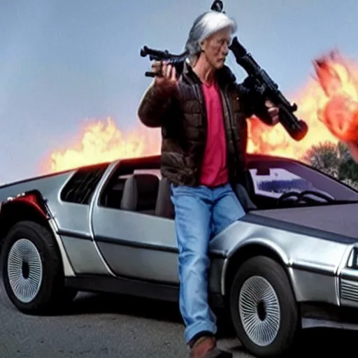 Prompt: a movie where the main protagonist is a delorean with a gun on the run, one character, car, no humans