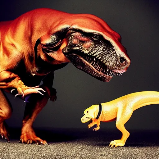 Prompt: daschund faces down a vicious t - rex, dramatic, cinematic lighting, powerful, moving, award winning, photorealistic,