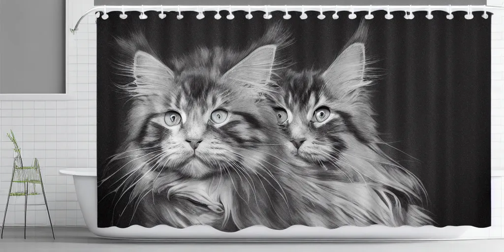 Image similar to a animated maine coon kitten artwork themed shower curtain, shower curtain. digital art. product photography. product lighting. 4 k, highly detailed. saturated.