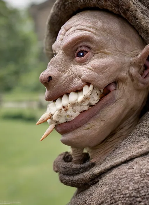 Image similar to closeup profile face portrait of a medieval goblin eating cakes in the cloisters, depth of field, zeiss lens, detailed, symmetrical, centered, fashion photoshoot, by annie leibovitz and steve mccurry, david lazar, jimmy nelsson, breathtaking, 8 k resolution, extremely detailed, beautiful, establishing shot, artistic, hyperrealistic, beautiful face, octane render