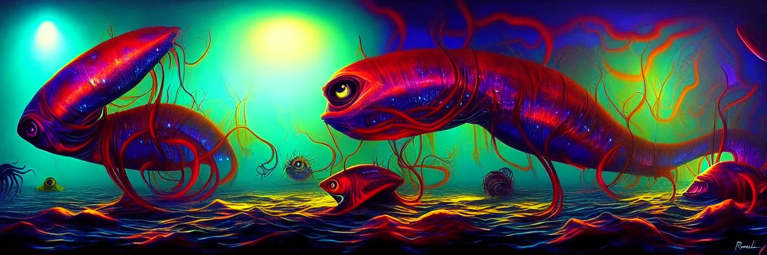 Prompt: strange alien fish creatures from the depths of the collective unconscious, dramatic lighting, surreal darkly colorful painting by ronny khalil