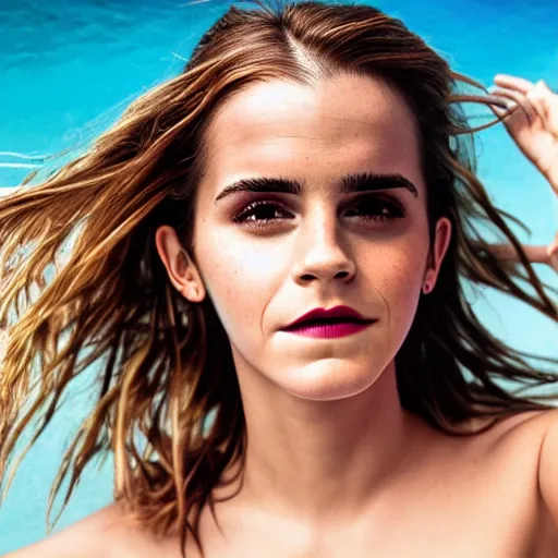 Image similar to Emma Watson for Victorian Secret, perfect face, hot summertime hippie, psychedelic swimsuit, in a sun lounger, pool, cloudy day, full length shot, XF IQ4, 150MP, 50mm, f/1.4, ISO 100, 1/160s, natural light, Adobe Photoshop, Adobe Lightroom, DxO Photolab, Corel PaintShop Pro, rule of thirds, symmetrical balance, depth layering, polarizing filter, Sense of Depth, AI enhanced