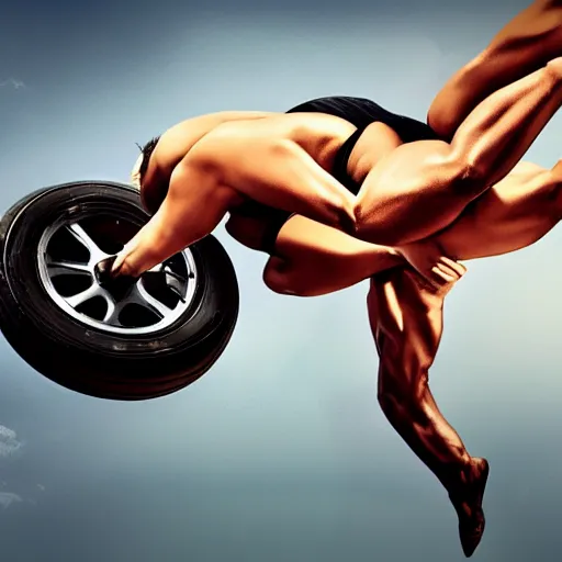 Prompt: car jumping, bodybuilder, woman, holding, photo, digital art, hands, underbody, throw, tire, standing, asphalt, floor