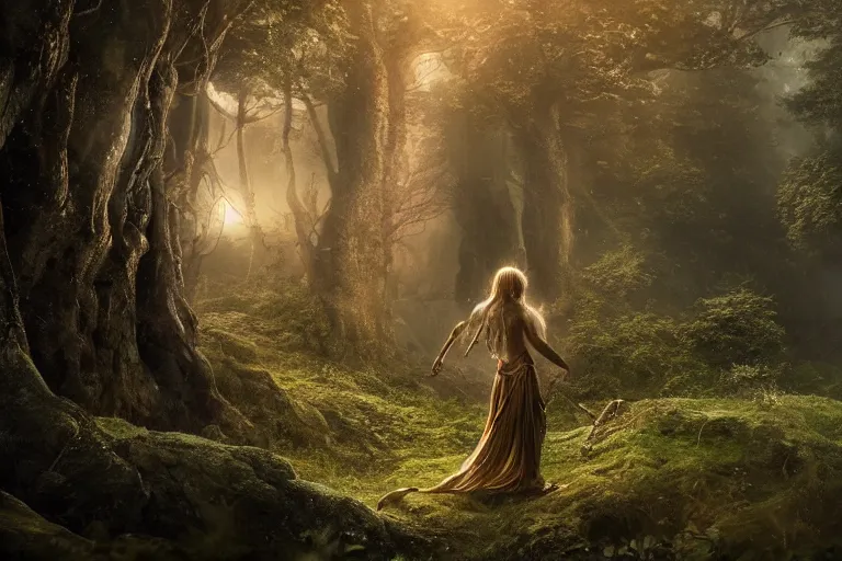 Image similar to an ultra realistic, cinematic, fantasy, headshot portrait, of an elden ring elf, fairy lights, facial features, background of a vast serene landscape, with trees and waterfalls, detailed, deep focus, movie still, dramatic lighting, ray tracing, by michal karcz and yoshitaka amano