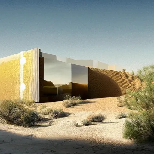 Image similar to biophilic conceptual hotel in the desert, high detaild, realistic, golden ratio