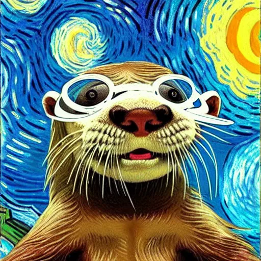 Prompt: an otter wearing vr glasses, floating in space, oil painting, hyperdetailed, by vincent van gogh