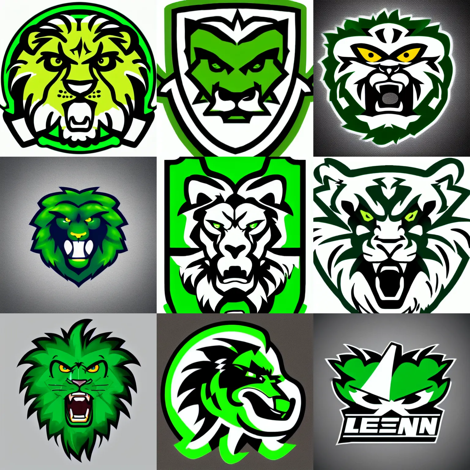 Prompt: an angry green lion esports logo, only head, white background, sports logo, high school mascot, simplistic,