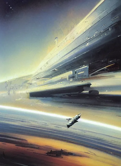 Image similar to understated. distant. negative space dominant. vast. empty. spacious bg. minimalistic piece. simplified environment. lonely cosmos. single ship as main subject. masterpiece book cover illustration by the great famous sci - fi artist john berkey.