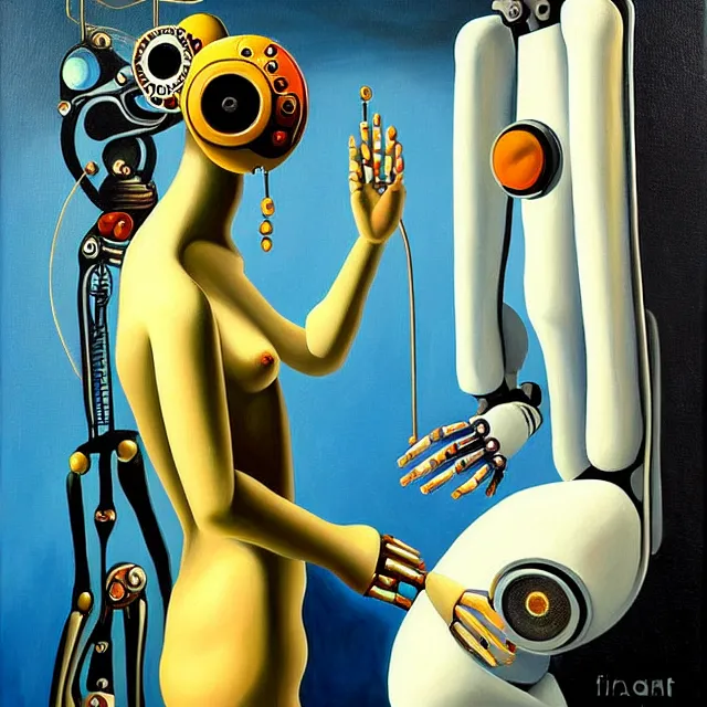 Prompt: a beautiful painting cyberpunk robot venus of milos, bathroom by salvador dali realistic oil painting