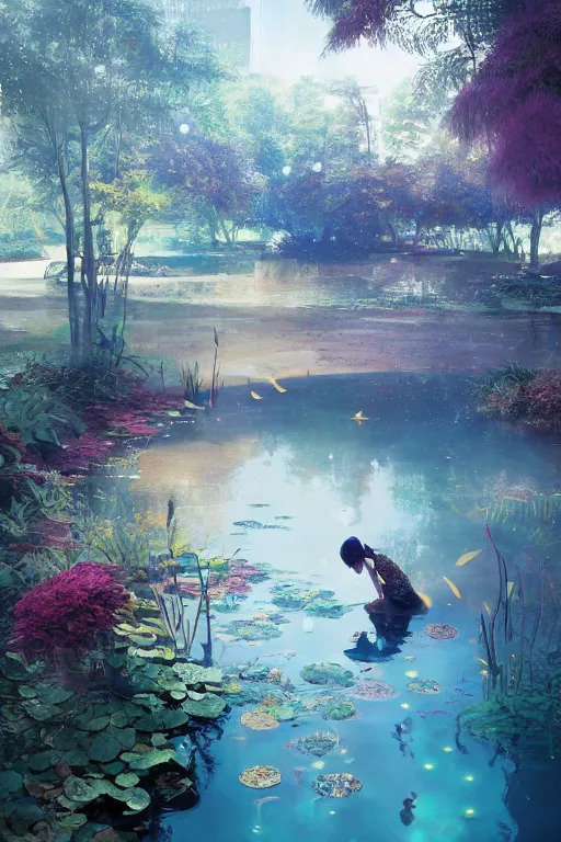 Image similar to nenufar in a pond, colorful, blue backgroung,clean, joyful, intricate, elegant, volumetric lighting, scenery, digital painting, highly detailed, artstation, sharp focus, illustration, concept art, ruan jia, steve mccurry