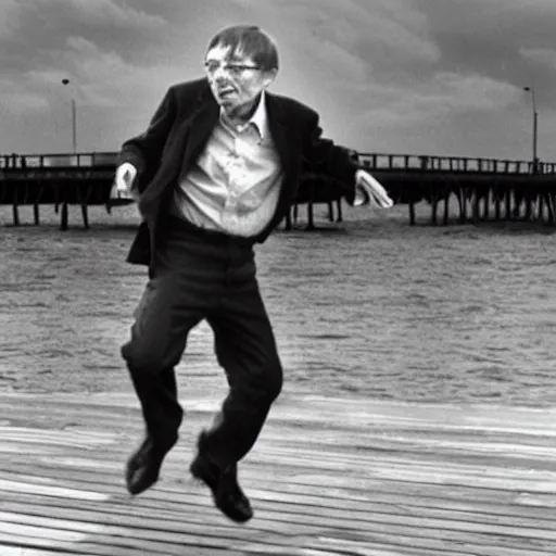 Prompt: Stephen Hawking being pushed of a pier