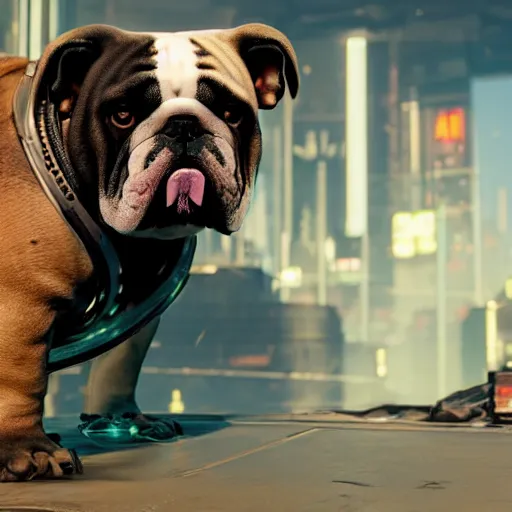 Prompt: english bulldog with augmentations cyberpunk 2 0 7 7