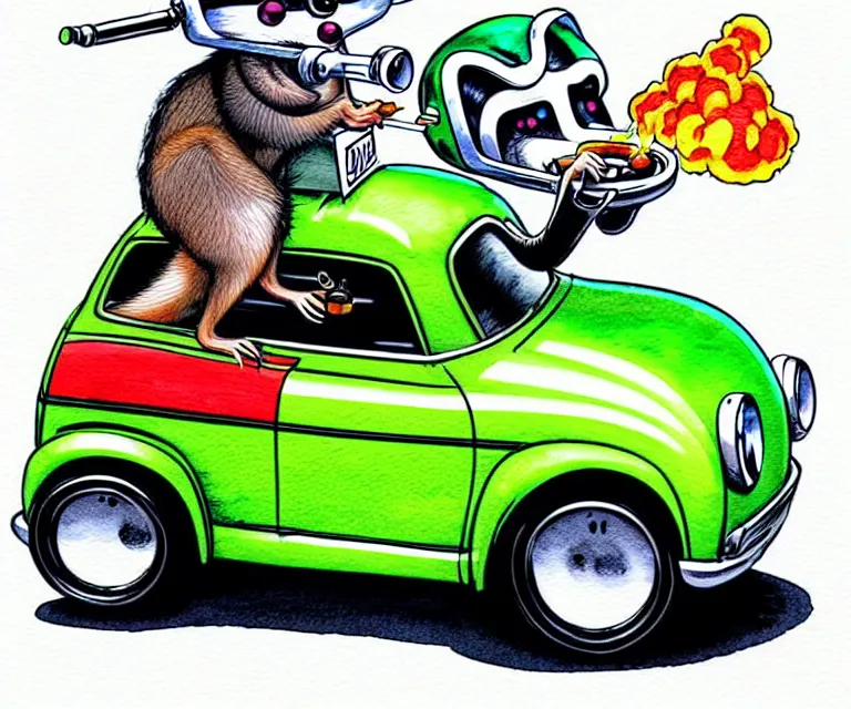 Prompt: cute and funny, racoon wearing a helmet riding in a tiny hot rod coupe with oversized engine while smoking a cigarette, ratfink style by ed roth, centered award winning watercolor pen illustration, isometric illustration by chihiro iwasaki, edited by range murata