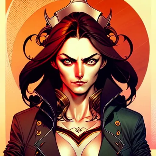 Image similar to artgerm, joshua middleton comic cover art, pretty pirate phoebe tonkin smiling, symmetrical eyes, symmetrical face, long curly black hair, on a pirate ship background, warm colors