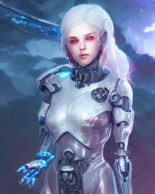 Image similar to holy cyborg necromancer girl, elegant, scifi, futuristic, utopia, garden, illustration, atmosphere, top lighting, blue eyes, white hair, beautiful, artstation, highly detailed, art by yuhong ding and chengwei pan and serafleur and ina wong