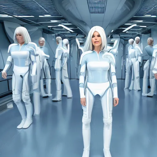 Image similar to troop of cloned women with white apache hairdos, white hair, tight light blue neopren suits, futuristic production facility, sci - fi, highly detailed, cinematic