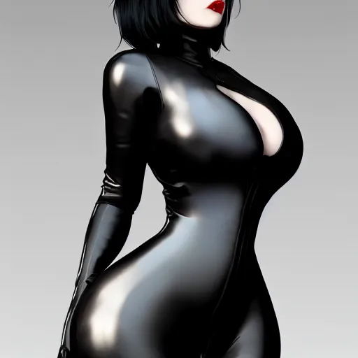 Image similar to curvy feminine pale goth woman with elegant tight black nylon and silver latex outfit, cgsociety, realistic, highly detailed, sublime, 16k, smooth, sharp focus, trending on ArtStation, hyperdetailed, volumetric lighting